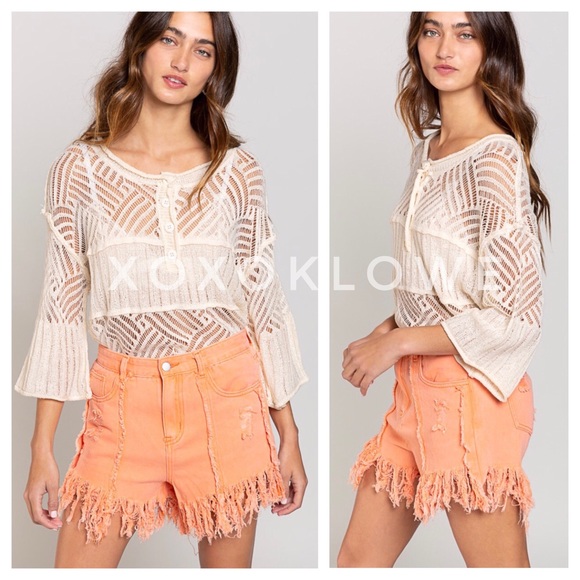 POL Ivory Summer Knit Top Button Neck Relaxed Fit - Picture 3 of 13